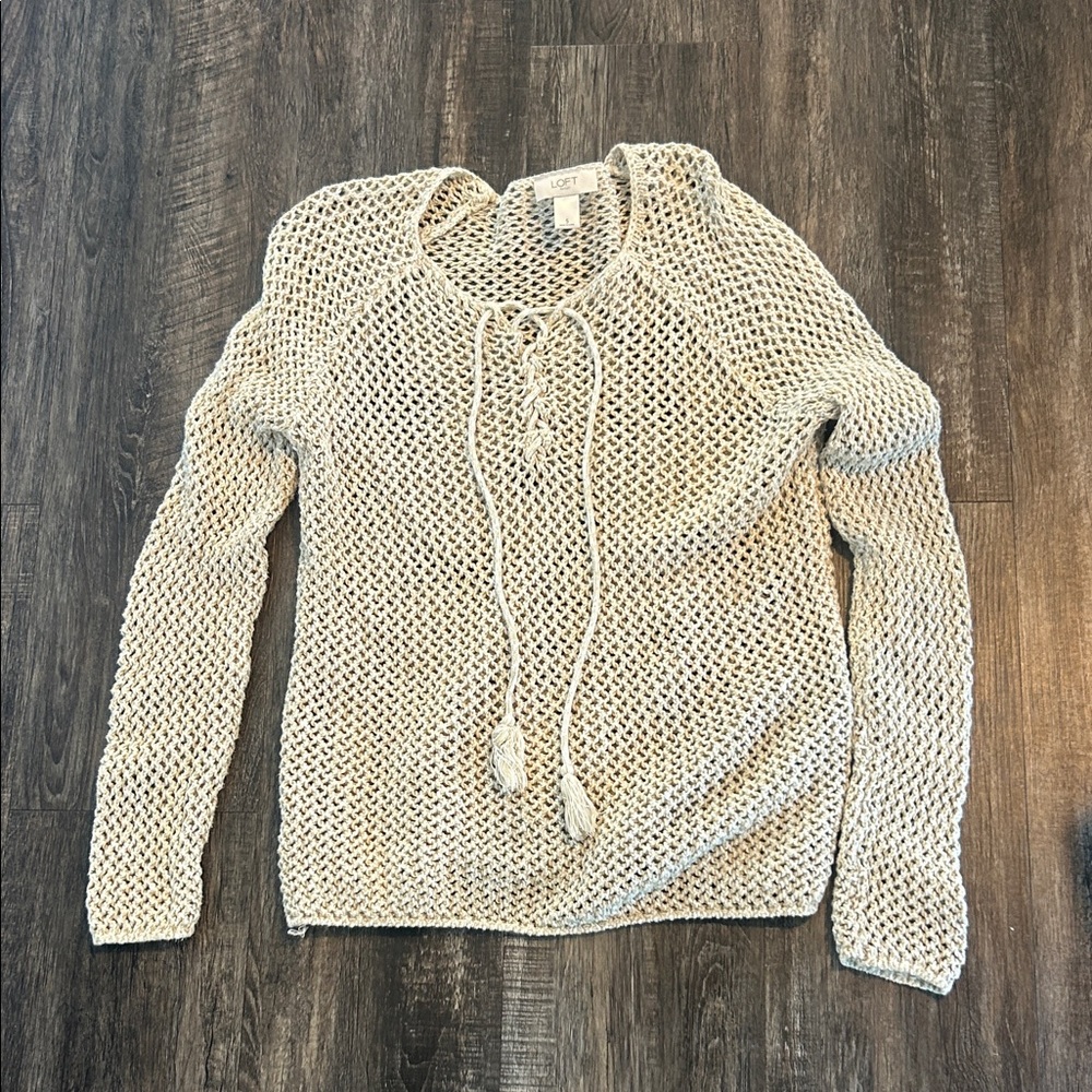 LOFT Cream Open-Knit Lace-Up Pullover